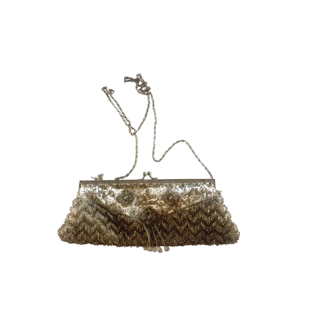 Vintage Beaded Clutch Purse Silver  Art Deco Evening Bag Chain Strap